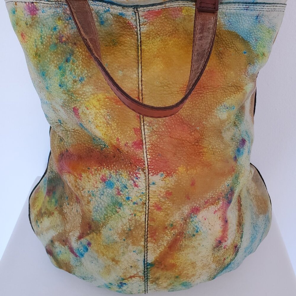 Lucky leather rainbow cowgirl hippie XL tote dyed orange blue green yellow red - Picture 7 of 15